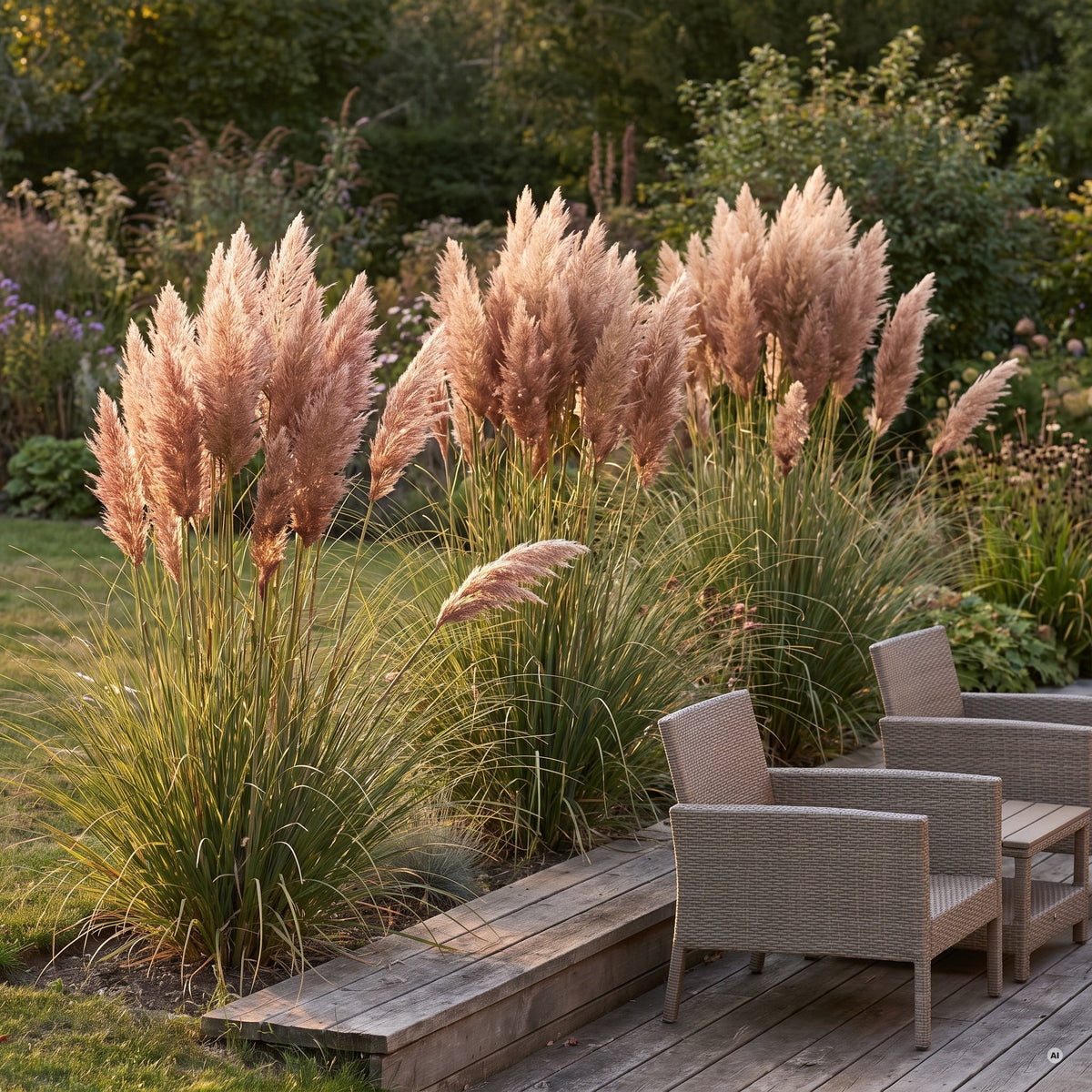 Cortaderia selloana 'Rosea' von Stauden Gänge als Sichtschutz an einer Holzterrasse, drei Horste in Reihe mit zartrosa Wedeln.