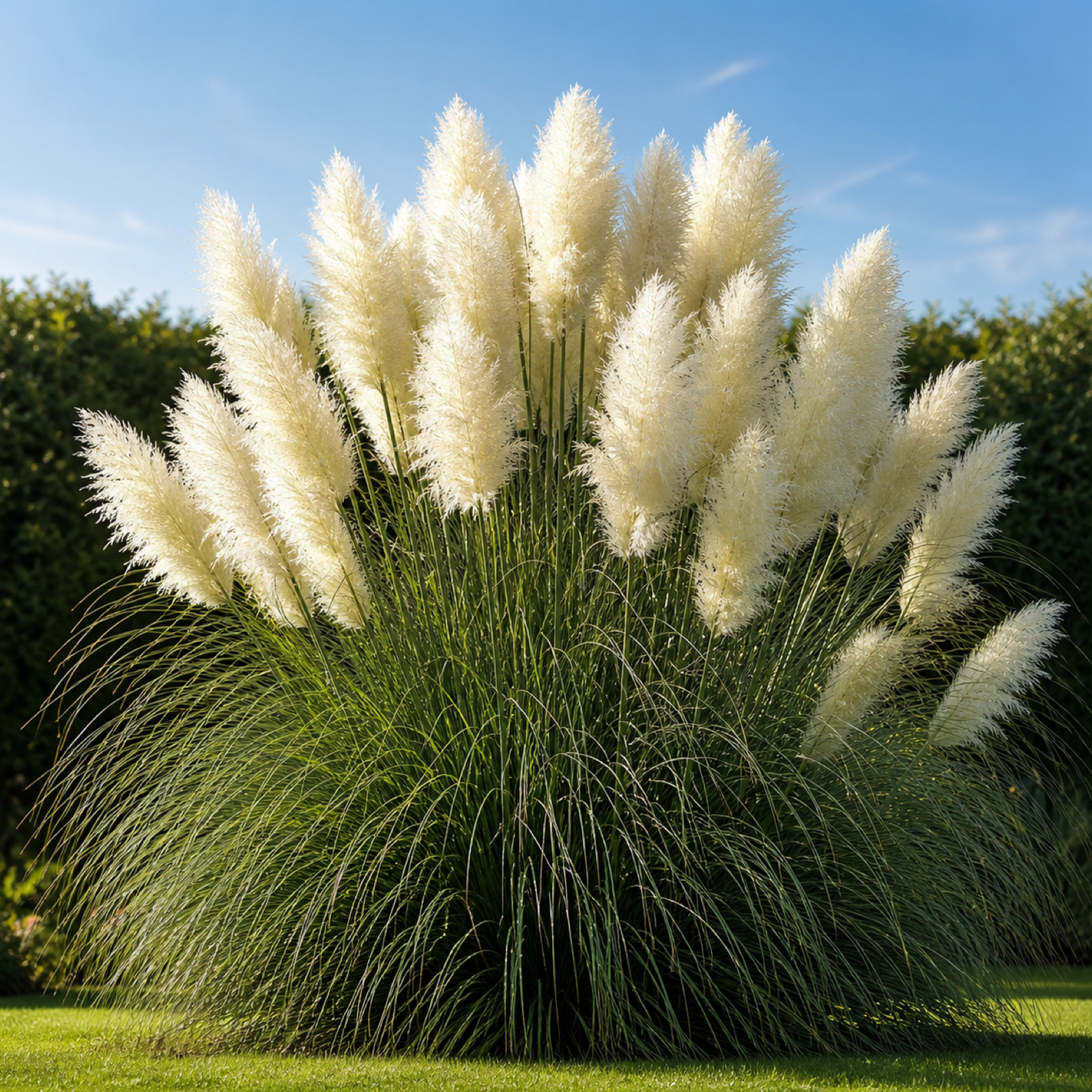 Weißes Pampasgras Cortaderia selloana 'White' von Stauden Gänge als majestätischer Solitär im Rasen, schneeweiße Wedel vor blauem Himmel.
