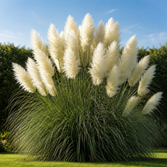 Weißes Pampasgras Cortaderia selloana 'White' von Stauden Gänge als majestätischer Solitär im Rasen, schneeweiße Wedel vor blauem Himmel.