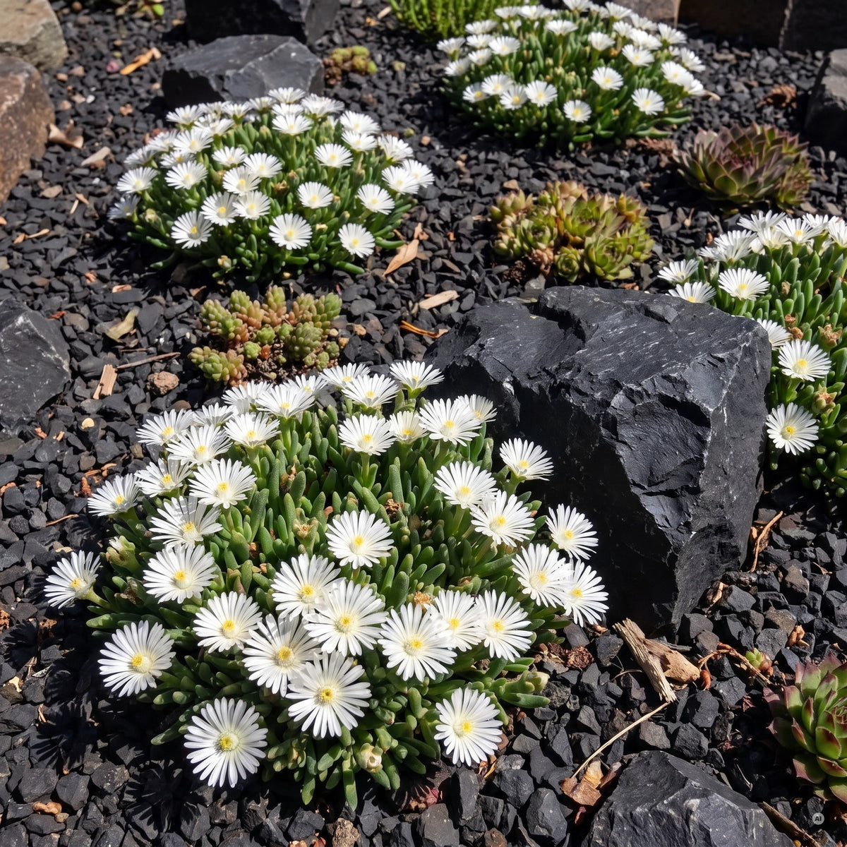 Delosperma 'Jewel of Desert Moonstone' – Mittagsblume, reinweiße Blütenpolster im dunklen Basaltsplitt