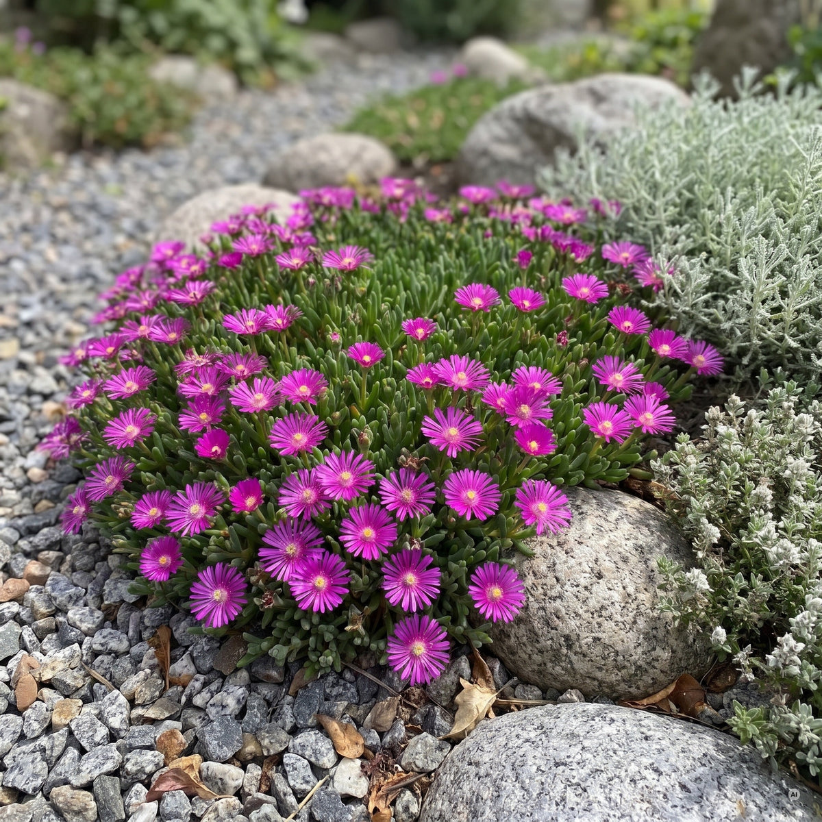 Delosperma 'Jewel of Desert Opal' – Mittagsblume, pinke Polster im Steingarten zwischen grauen Granitfindlingen