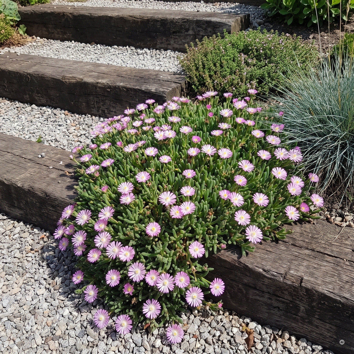 Delosperma 'Jewel of Desert Rosequartz' – Mittagsblume, zartrosa Blütenpolster an einer Gartentreppe aus Eichen-Bahnschwellen