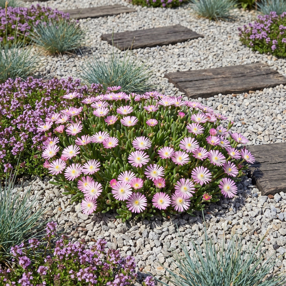 Delosperma 'Jewel of Desert Rosequartz' – Mittagsblume, zartrosa Polster im Kiesgarten mit Teppich-Thymian und Blauschwingel