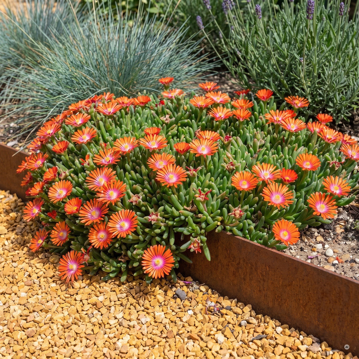 Delosperma 'Jewel of Desert Sunstone' – Mittagsblume, orange Blütenpolster mit pinkem Ring am Kiesweg mit Cortenstahl-Kante