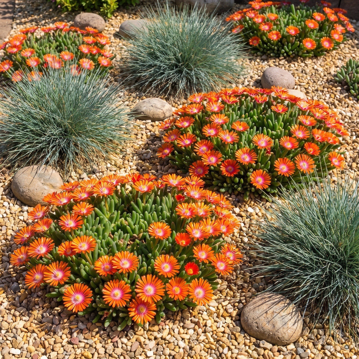 Delosperma 'Jewel of Desert Sunstone' – Mittagsblume, orange Polster im goldgelben Kiesbeet zwischen Blauschwingel