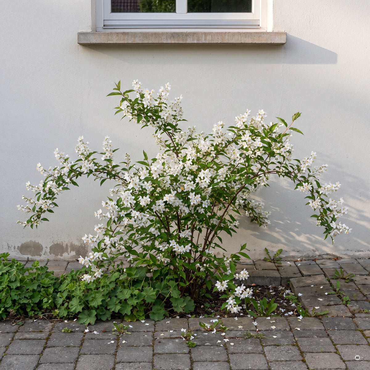 Blühende Deutzia gracilis im schmalen Beet vor einer hellen Hauswand