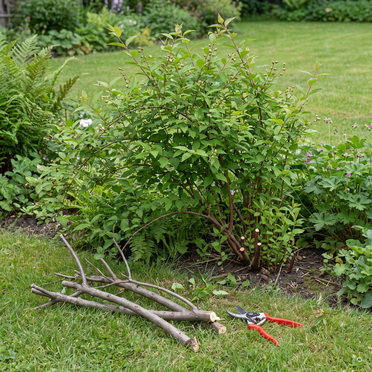Deutzia gracilis nach der Blüte im Juni ausgelichtet, abgeschnittene alte Triebe und Gartenschere auf dem Rasen
