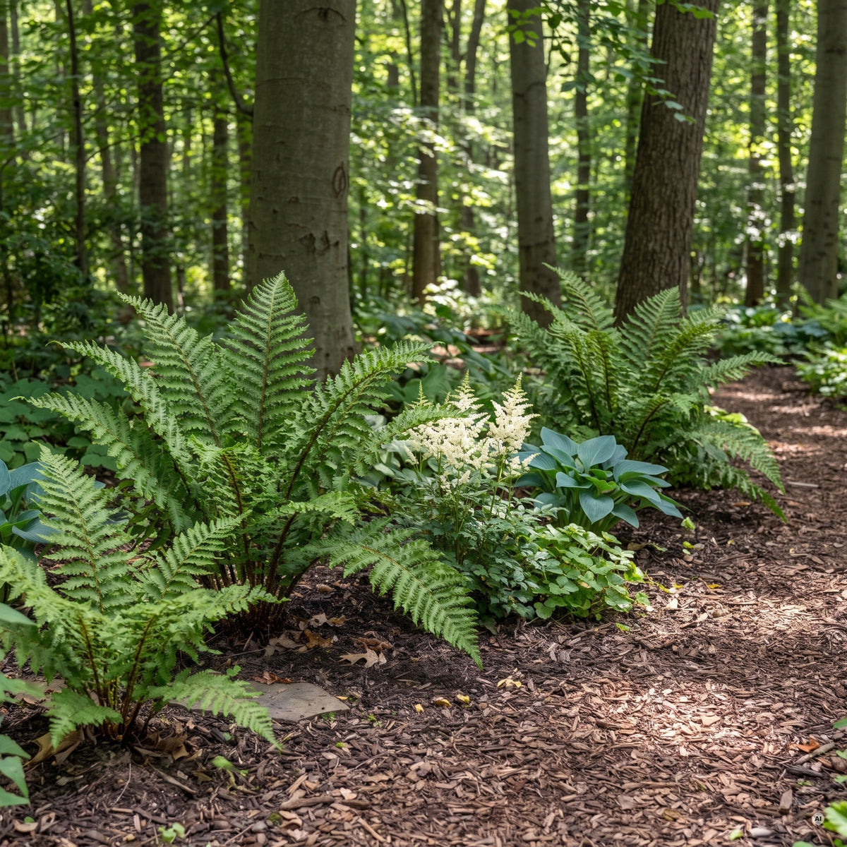 Krause Goldschuppenfarne 'Crispa' in verschiedenen Größen am Rand eines Mulchwegs im schattigen Waldgarten, mit Astilben und Funkien