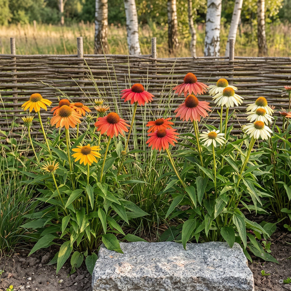 Bunter Sonnenhut Echinacea 'Cheyenne Spirit' in Gelb, Orange, Rot, Lachsrosa und Creme vor einem geflochtenen Weidenzaun