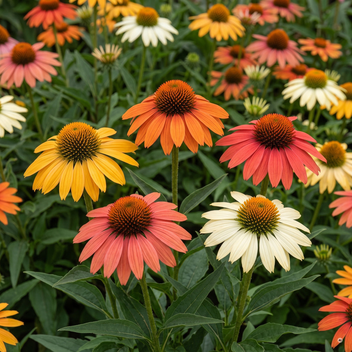 Nahaufnahme: Blüten von 'Cheyenne Spirit' in Gelb, Orange, Korallrot, Lachsrosa und Creme