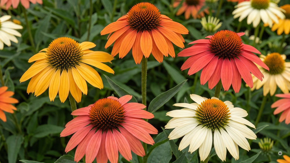 Blüten von 'Cheyenne Spirit' in warmen Farben mit dunkel orangebraunem Kegel