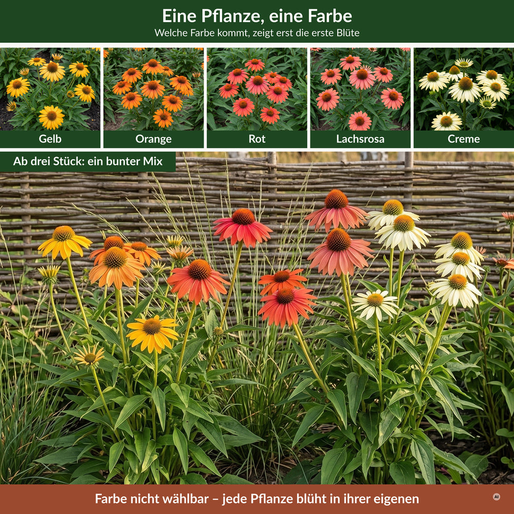 Eine Pflanze, eine Farbe: Gelb, Orange, Rot, Lachsrosa und Creme, ab drei Pflanzen ein bunter Mix