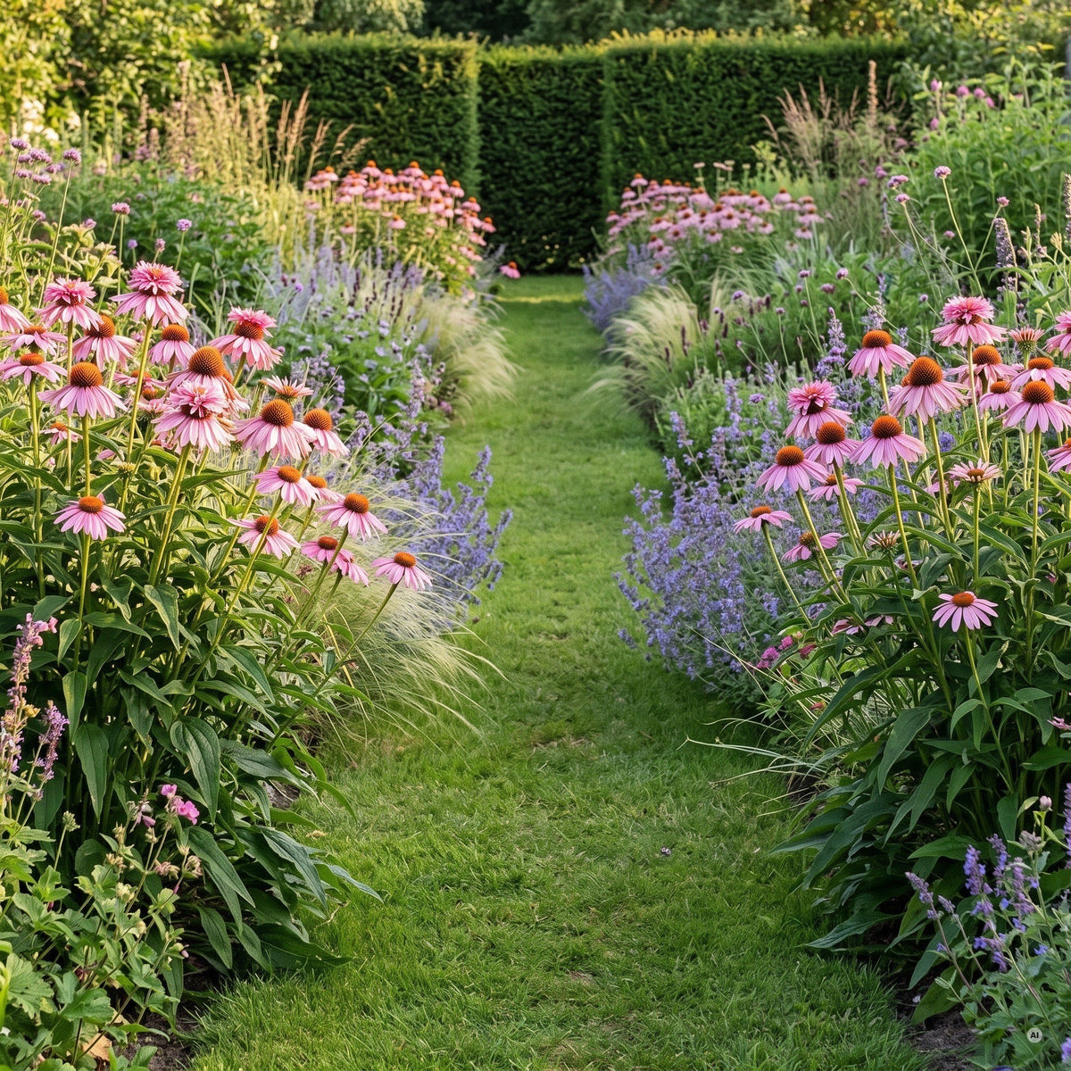 Rasenweg zwischen Staudenrabatten mit rosa Sonnenhüten 'Double Decker' und Katzenminze vor einer Eibenhecke