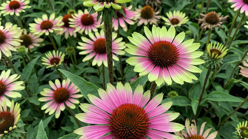 Blüten von 'Green Twister' in Zitronengrün und Magenta mit dunklem Kegel
