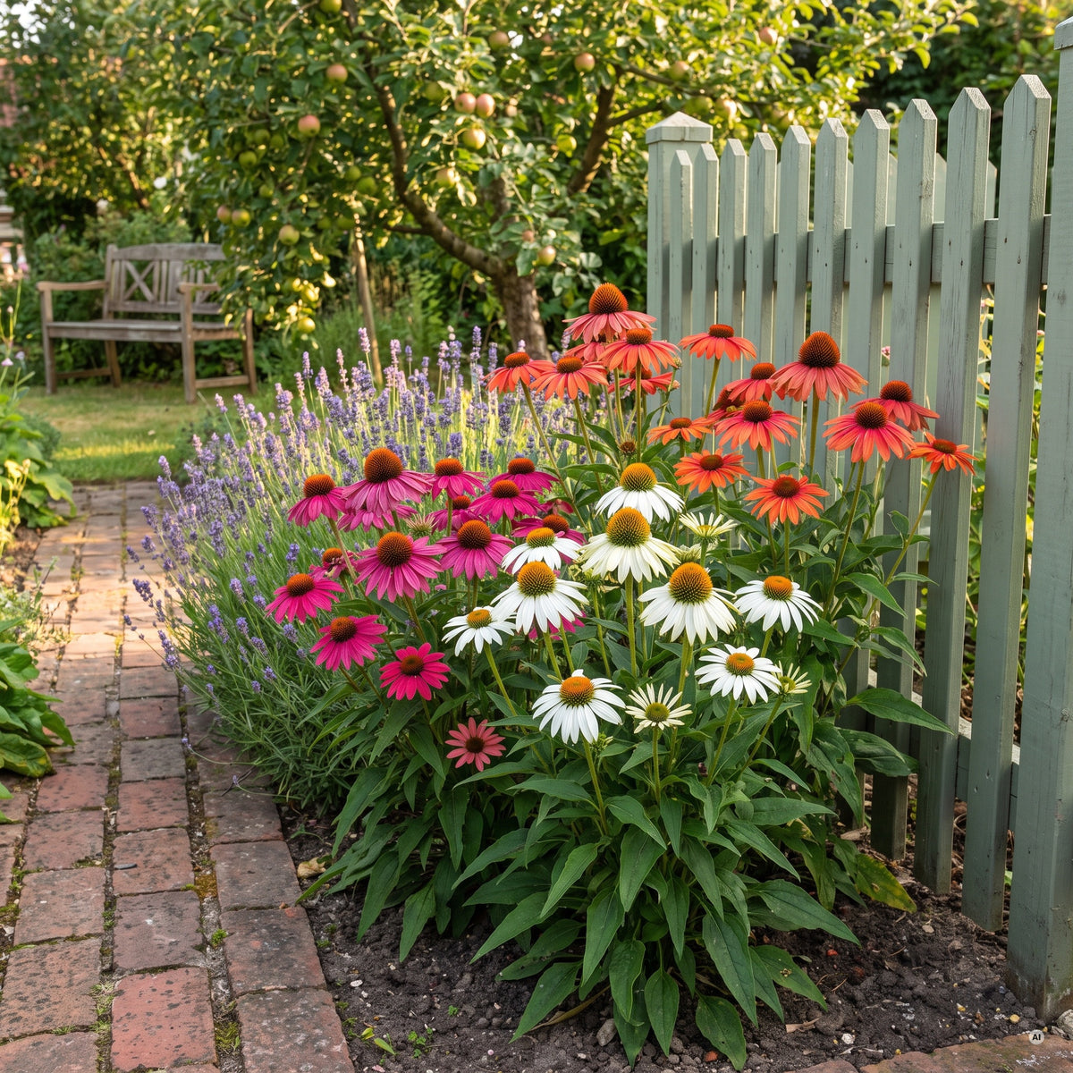 Ziegelweg an einem Bauerngartenbeet mit pinken, weißen und orangefarbenen Sonnenhüten und Lavendel