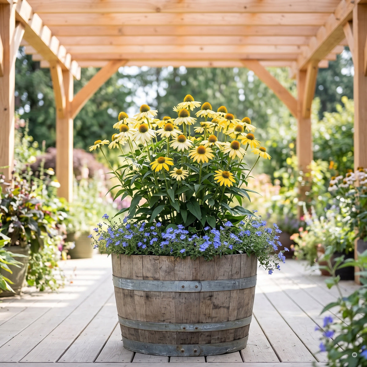 Sonnenhut 'Mellow Yellow' in einem halben Weinfass auf der Terrasse unter einer Pergola