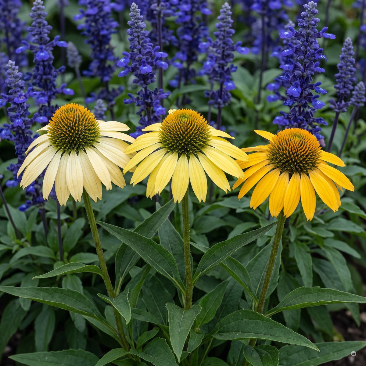 Nahaufnahme: drei Blüten von 'Mellow Yellow' in Creme, Zitronengelb und Goldgelb vor blauem Salbei