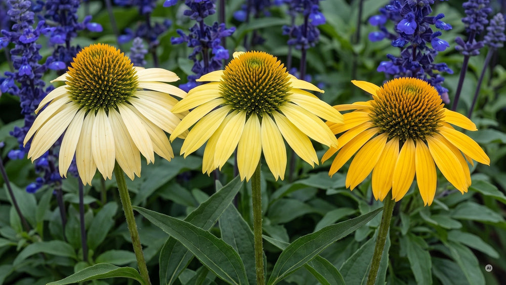 Drei Blüten von 'Mellow Yellow' in Creme, Zitronengelb und Goldgelb vor blauem Salbei