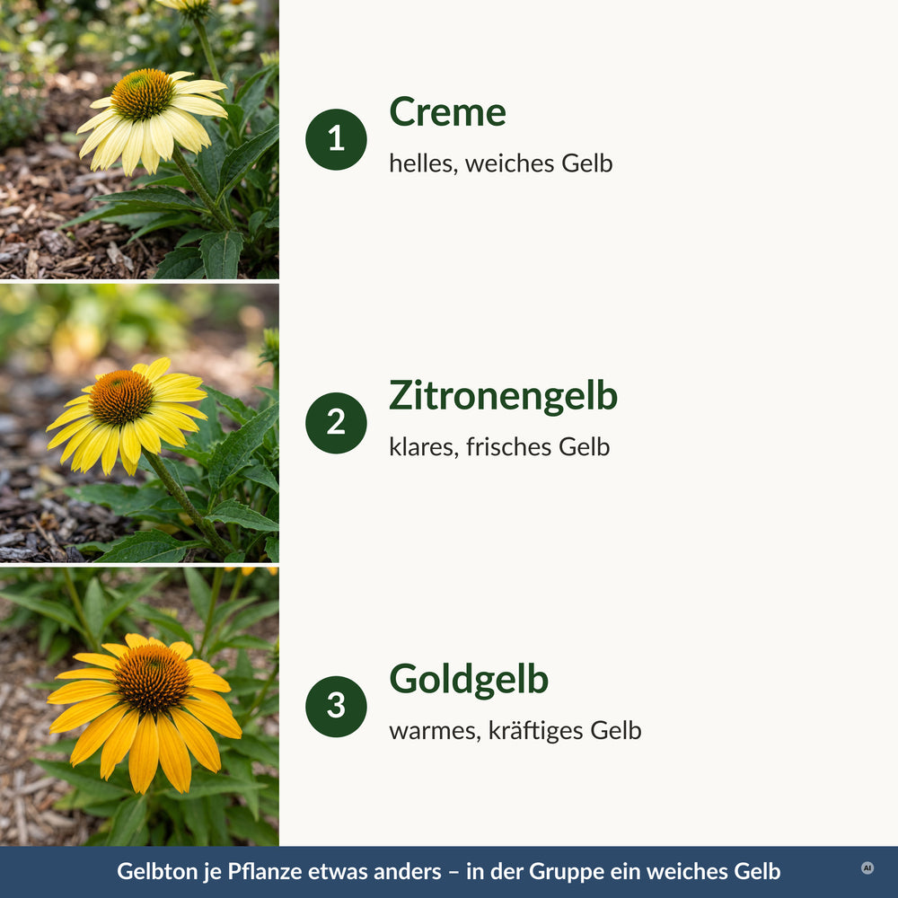 Gelbtöne: Creme, Zitronengelb und Goldgelb, je Pflanze etwas anders