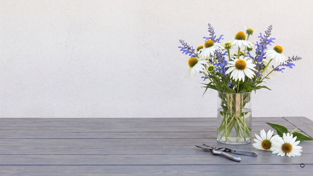Glasvase mit weißen Sonnenhüten und blauem Salbei auf einem grauen Holztisch