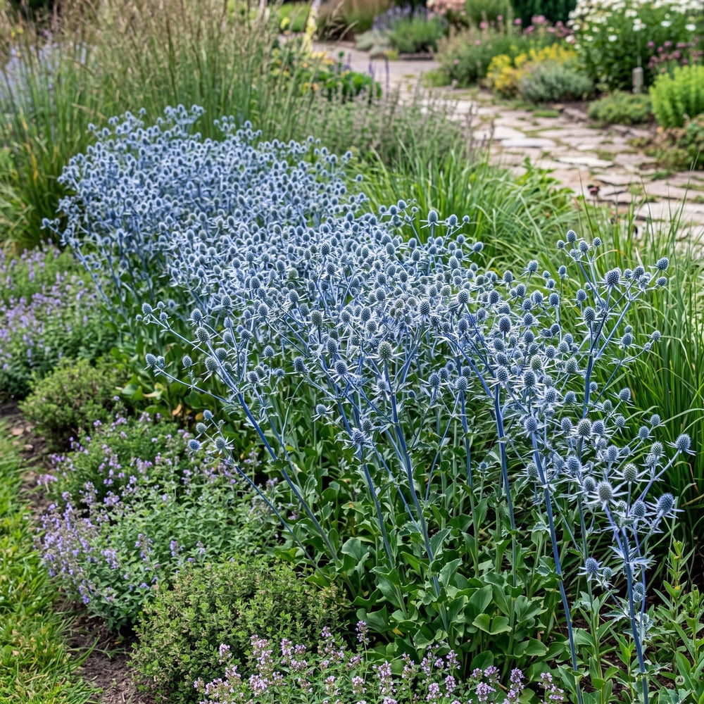 Eryngium planum zieht sich als stahlblaues Band durch ein Staudenbeet