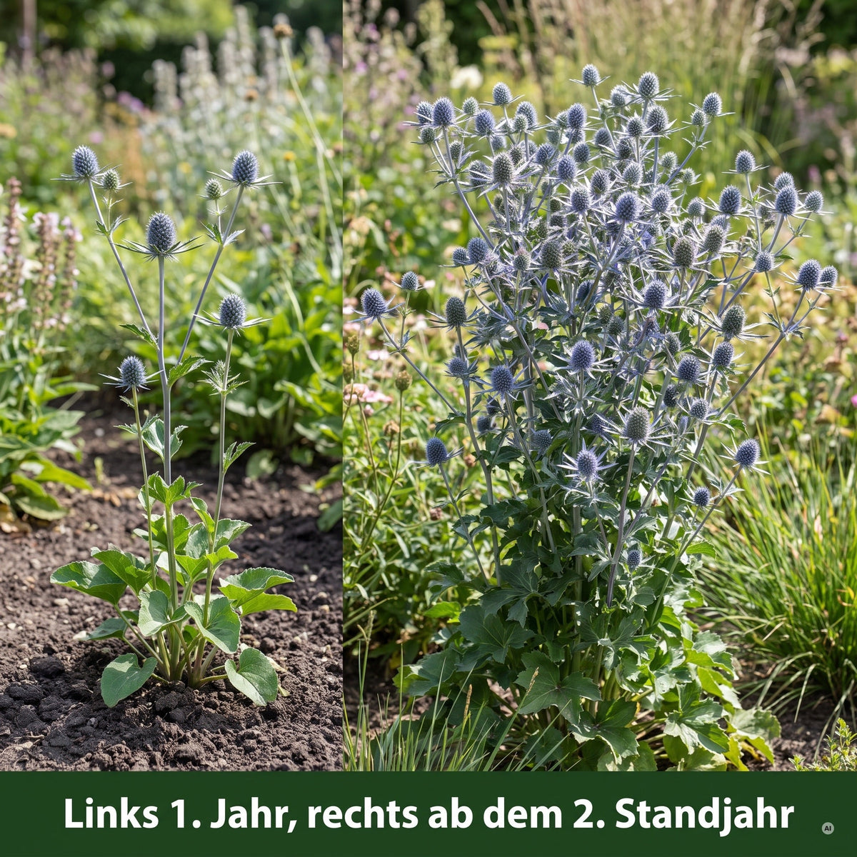 Zweigeteilter Vergleich von Eryngium planum: links die junge Pflanze im Pflanzjahr, rechts dieselbe Staude ab dem zweiten Standjahr in voller Höhe