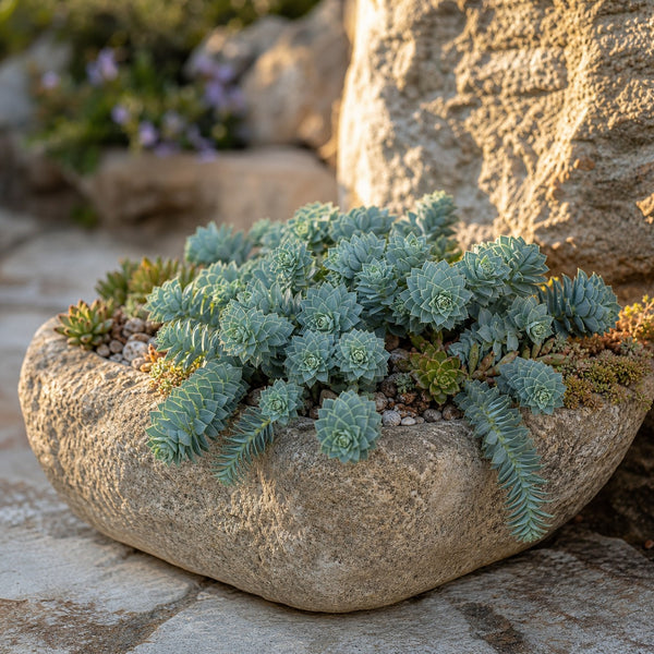 Walzen-Wolfsmilch in einer flachen Steinschale zusammen mit kleinen Sedum-Rosetten.