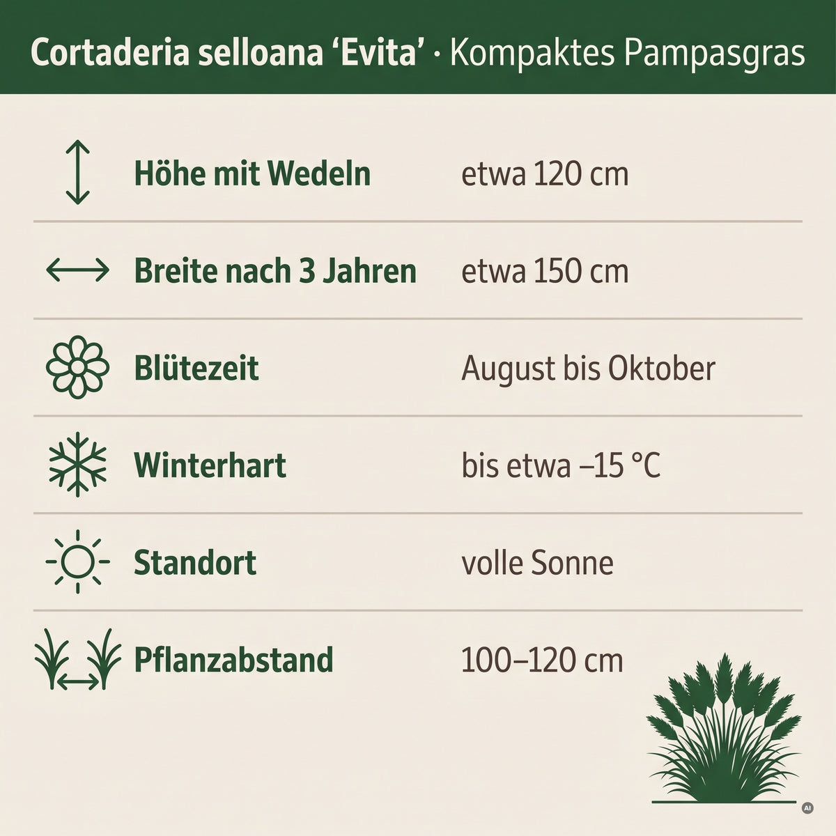 Steckbrief Cortaderia selloana 'Evita': 120 cm hoch, 150 cm breit, volle Sonne, winterhart bis −15 °C.