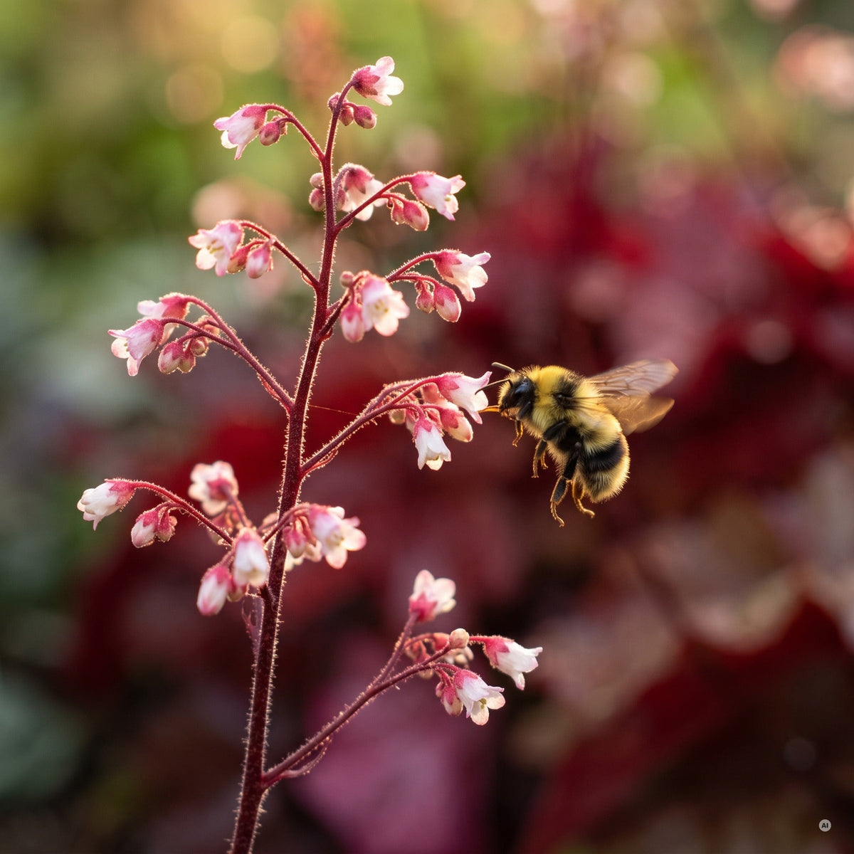 Makroaufnahme der rosa-weißen Blütenglöckchen von Heuchera 'Fire Chief' mit anfliegender Hummel