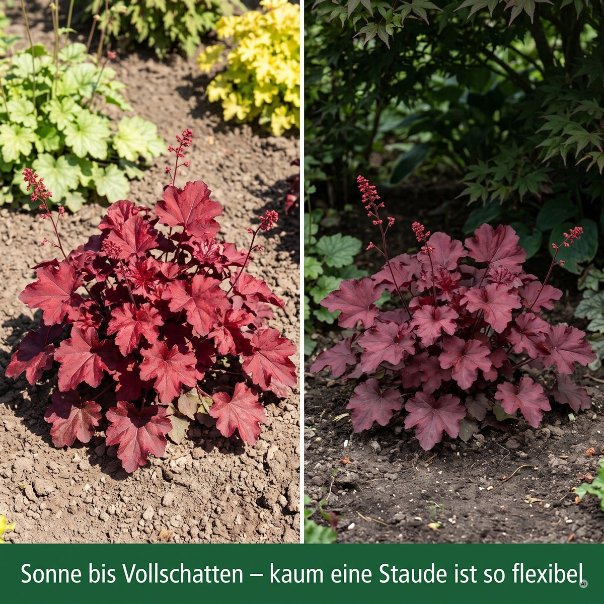 Heuchera 'Fire Chief' in voller Sonne und im Vollschatten im Vergleich