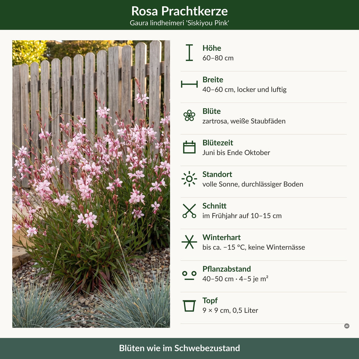 Steckbrief Gaura lindheimeri 'Siskiyou Pink': Höhe, Breite, Blüte, Blütezeit, Standort, Schnitt, Winterhärte, Pflanzabstand, Topf