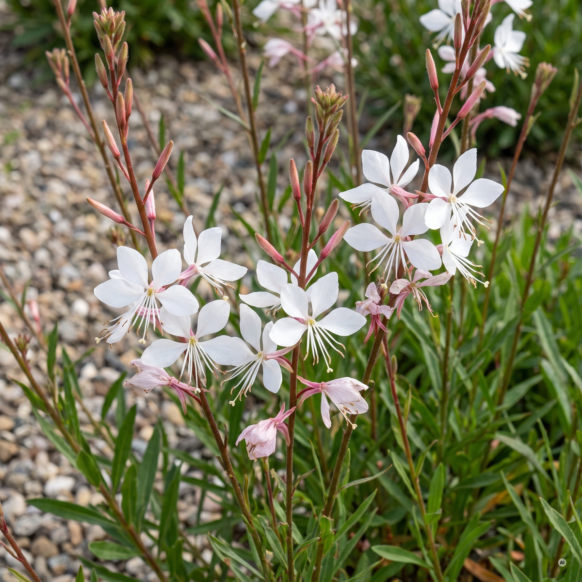 Nahaufnahme: weiße Blüten mit vier Blütenblättern und langen Staubfäden, darüber rosa Knospen an rötlichen Stielen