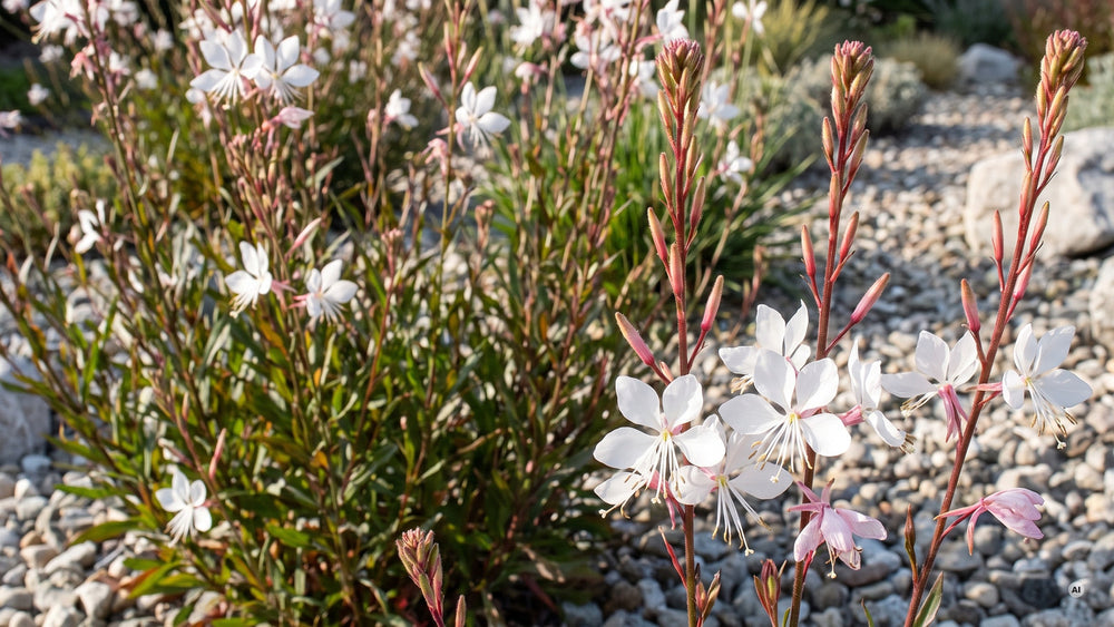Weiße Blüten mit vier Blütenblättern und langen Staubfäden, darüber rosa Knospen