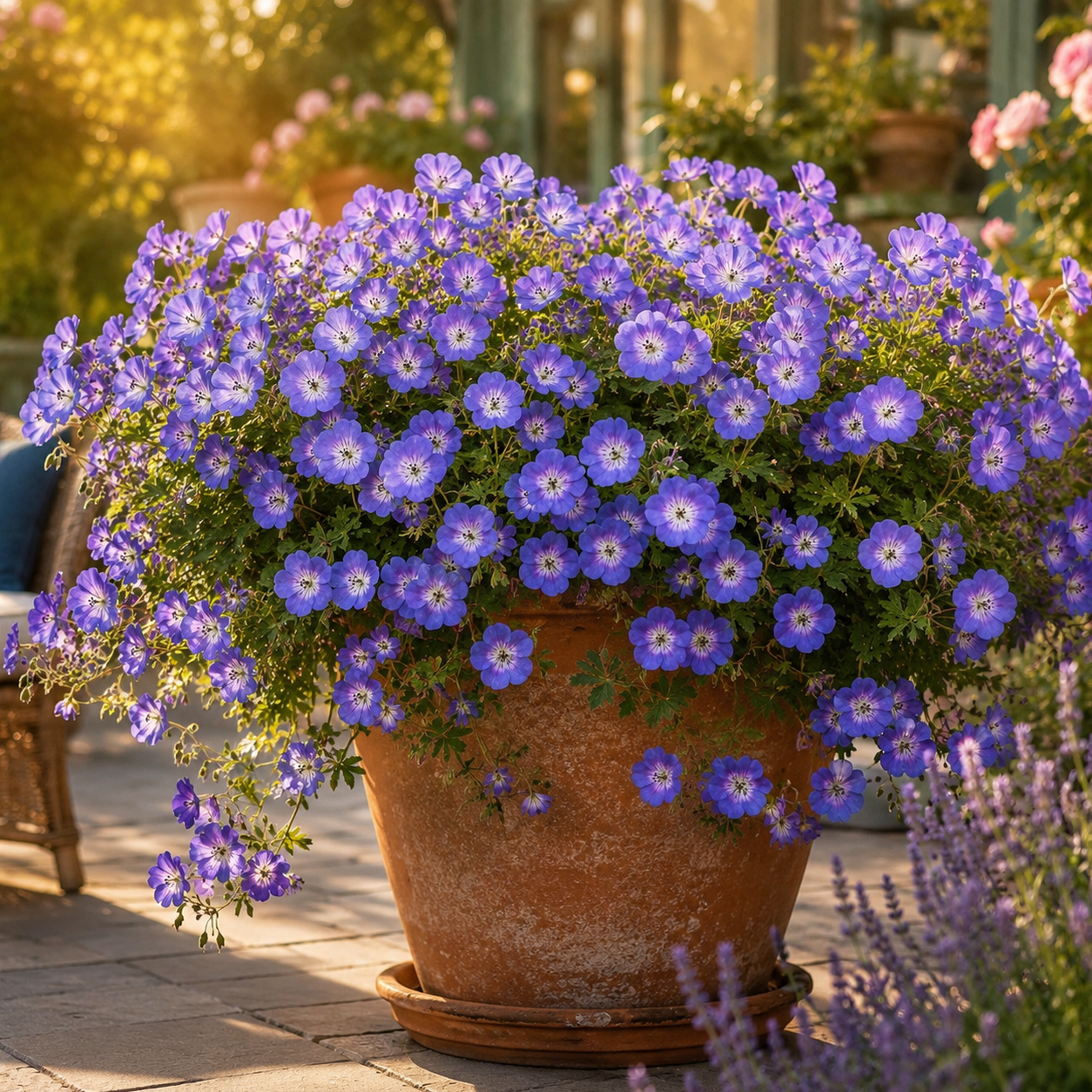 Geranium 'Rozanne' üppig blühend im Terrakotta-Kübel auf der Terrasse