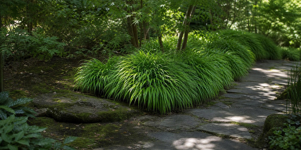 Japanisches Berggras fließt wie ein grüner Wasserfall über die Kante eines schattigen Steinwegs