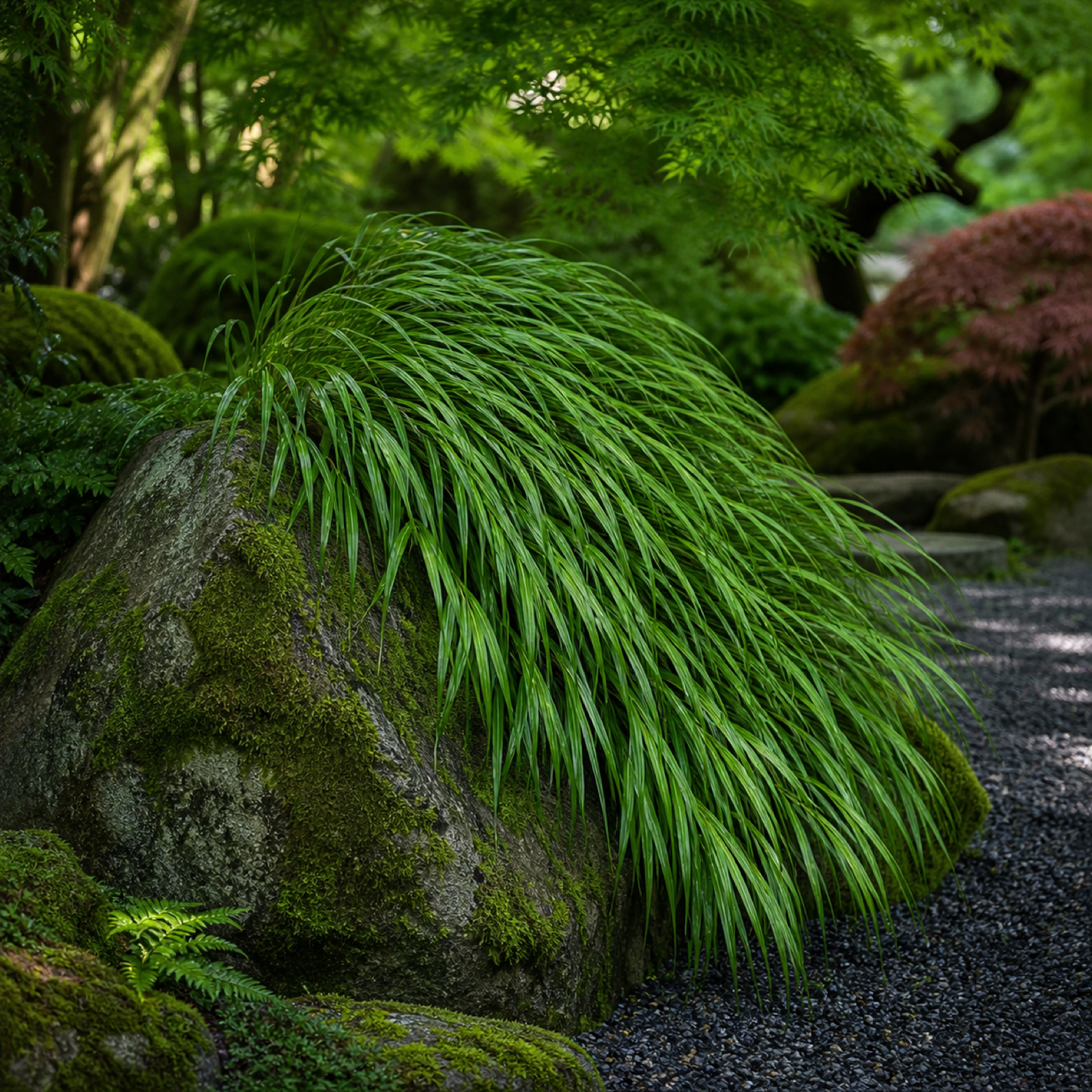 Japanisches Berggras fließt wie ein grüner Wasserfall über einen Moosstein im Japangarten