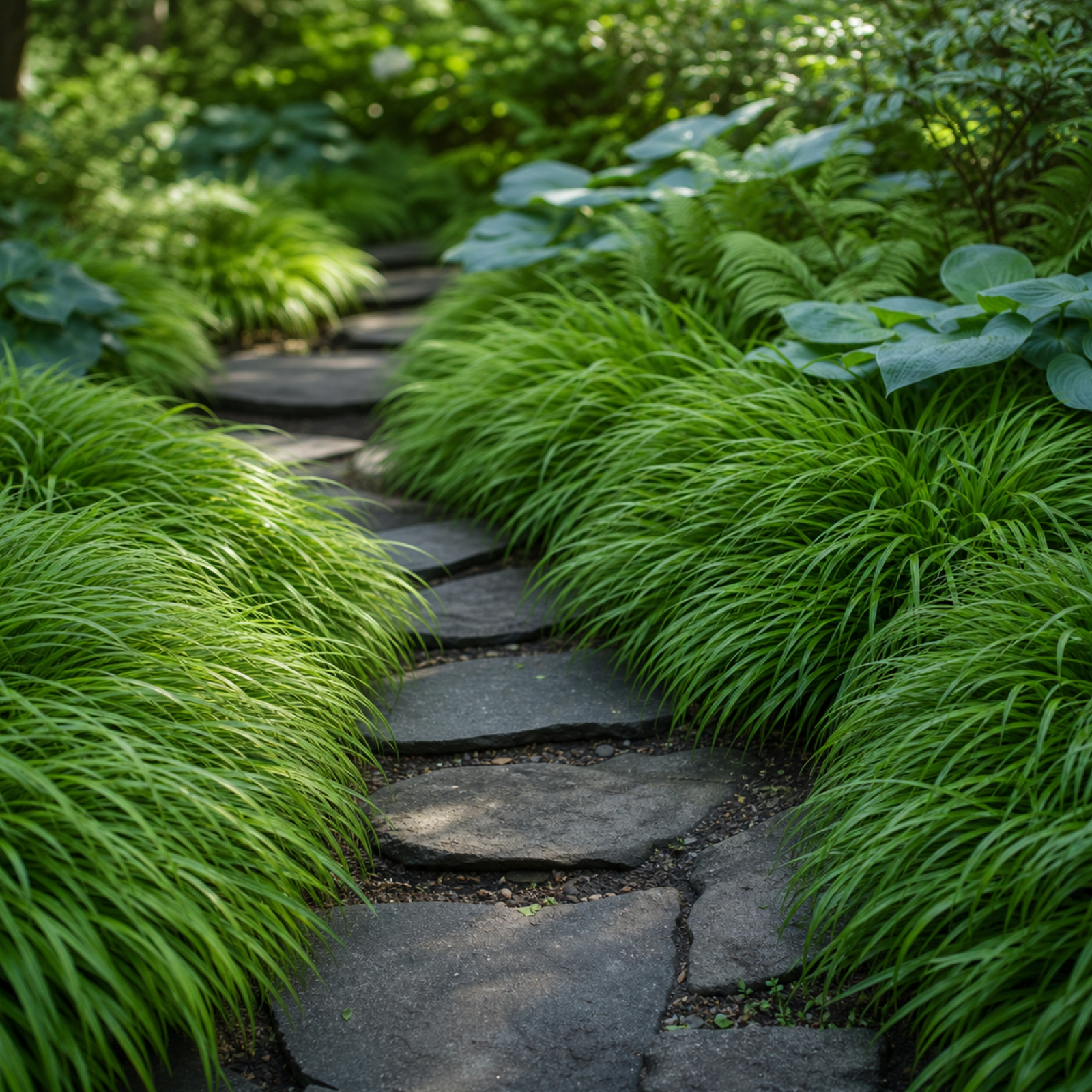 Hakonechloa macra als Wegeinfassung an Trittsteinen im Schattengarten