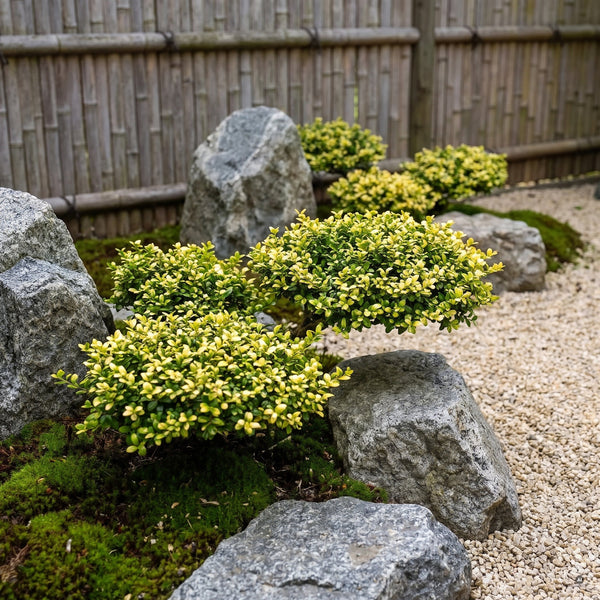 Gelb-grüne, wolkenartig geschnittene Polster aus Ilex crenata 'Convexed Gold' zwischen Moos, Findlingen und Kies