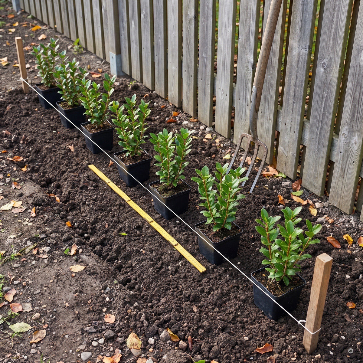 Junge Ilex crenata 'Caroline Upright' im 9 × 9 cm Topf an einer gespannten Pflanzschnur vor einem Holzzaun, 5 Pflanzen je Meter