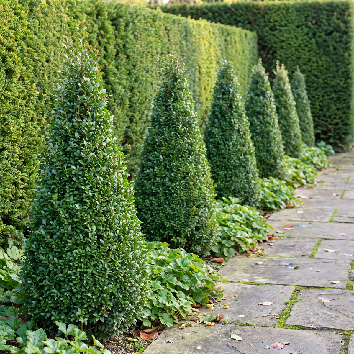 Reihe schlanker, geschnittener Kegel aus Ilex crenata 'Caroline Upright' entlang eines Natursteinweges