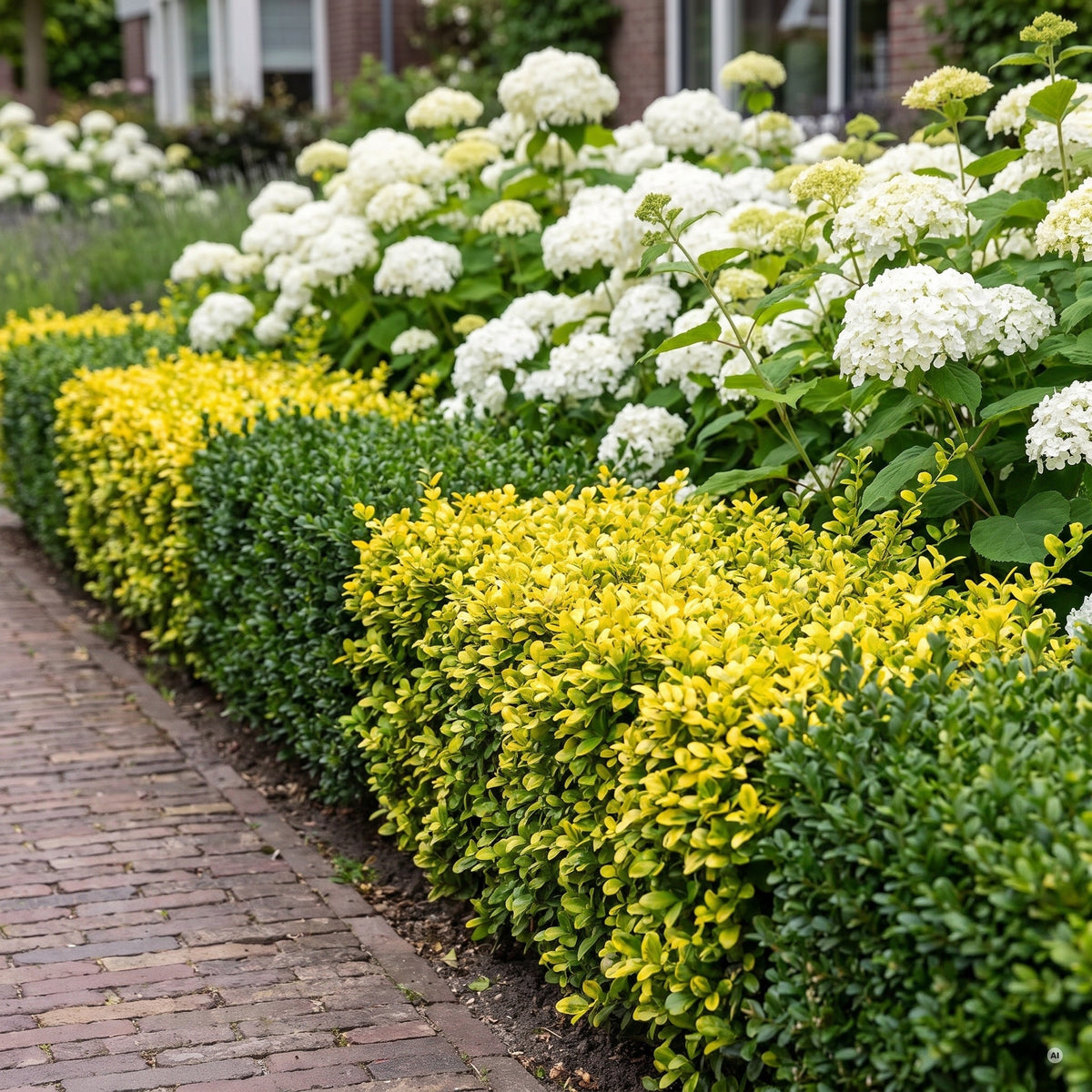 Niedrige, gerundete Einfassung am Klinkerweg, in der sich gelb-grüne Japanische Stechpalme Ilex crenata 'Convexed Gold' und dunkelgrüne Ilex abwechseln, dahinter weiße Hortensien