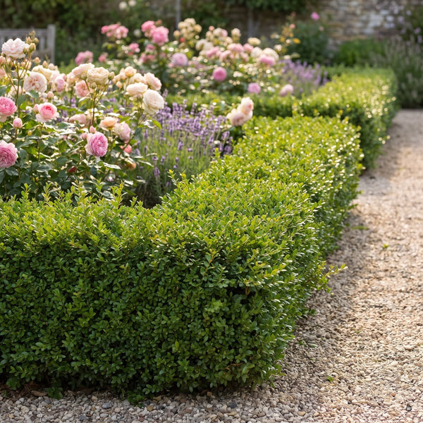 Rosen- und Lavendelbeet, eingefasst von einer niedrigen, streng geschnittenen Einfassung aus Japanischer Stechpalme Ilex crenata 'Glory Gem' am hellen Kiesweg