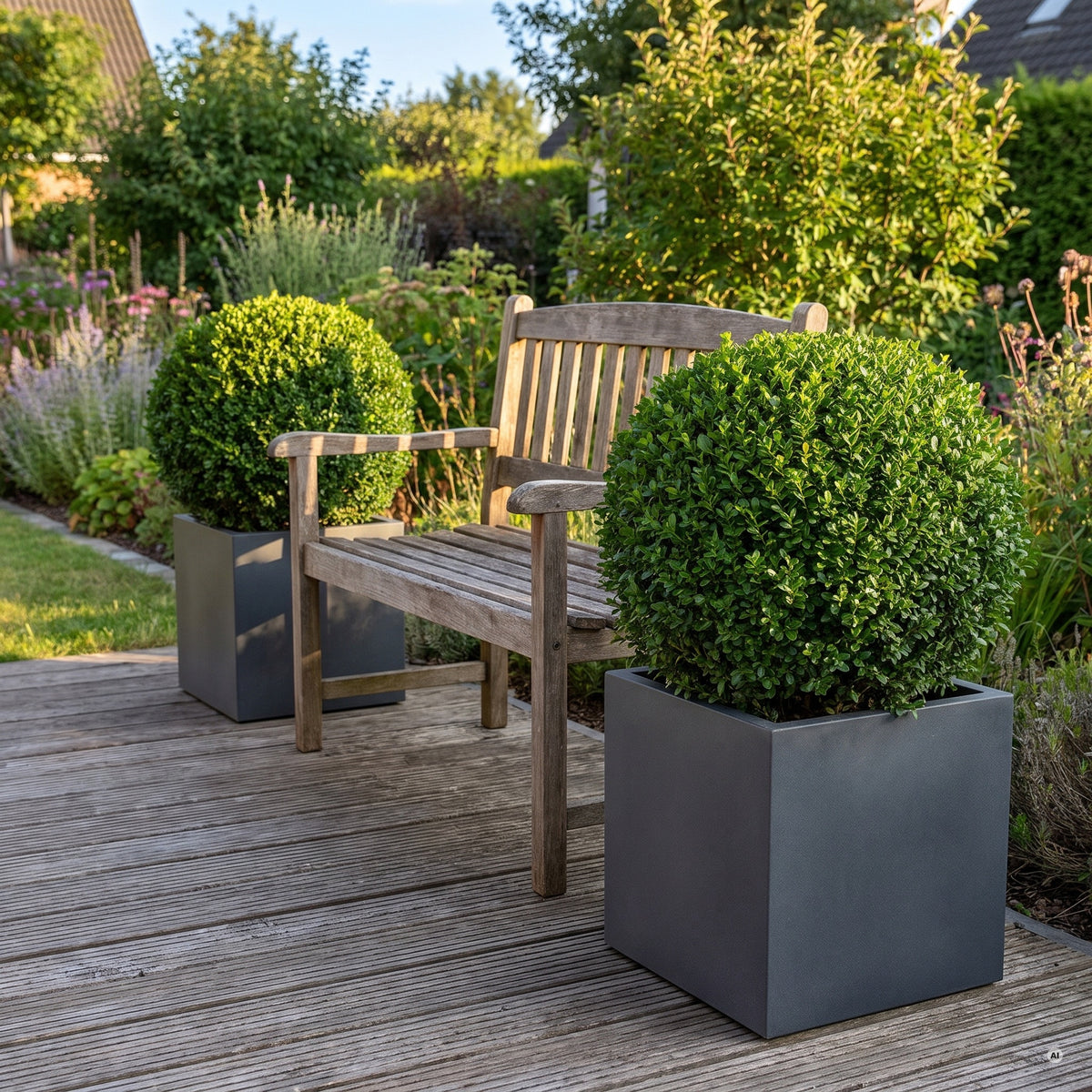 Zwei Kugeln aus Ilex crenata 'Glory Gem' in quadratischen anthrazitfarbenen Kübeln neben einer Holzbank auf der Terrasse
