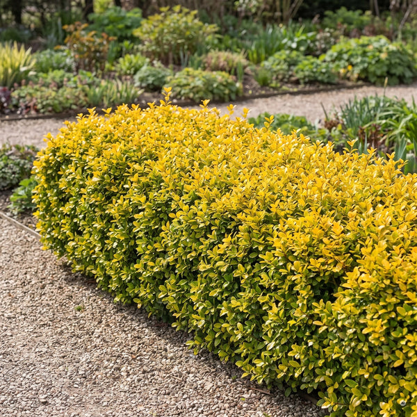 Geschlossene, gerundete, goldgelbe Einfassung aus Ilex crenata 'Golden Gem' am Kiesweg im dritten Standjahr