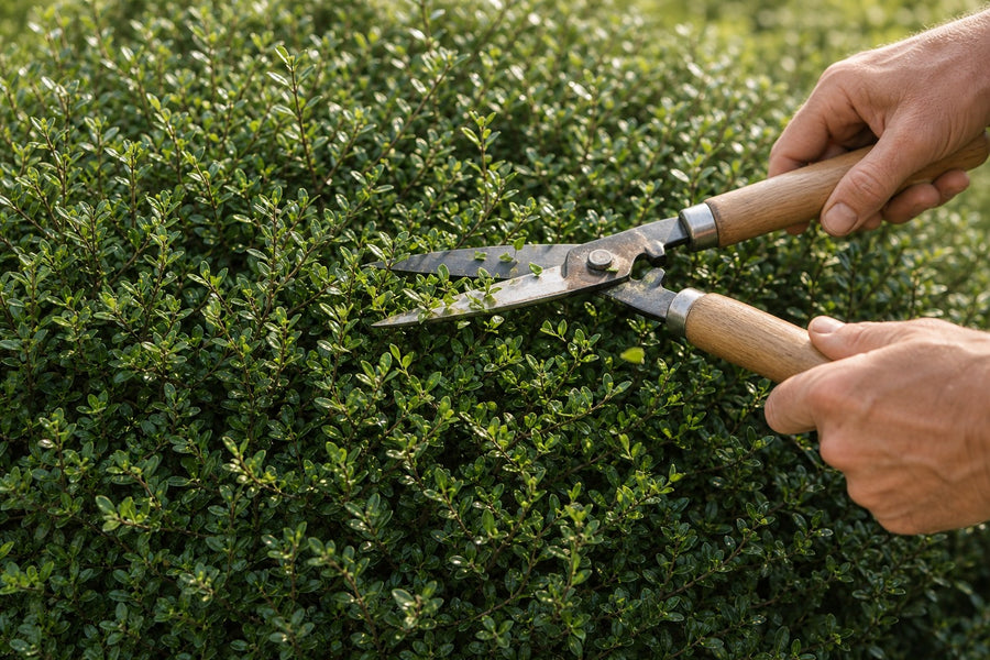 Formschnitt an einer Berg-Ilex-Hecke mit der Heckenschere, Schnittgut fällt