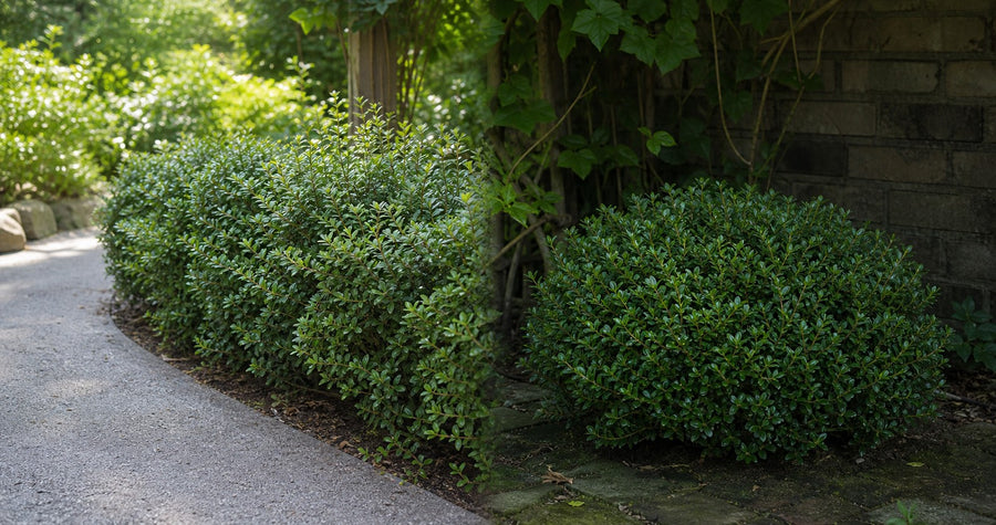 Berg-Ilex als Hecke am sonnigen Weg und als Kugel im schattigen Innenhof