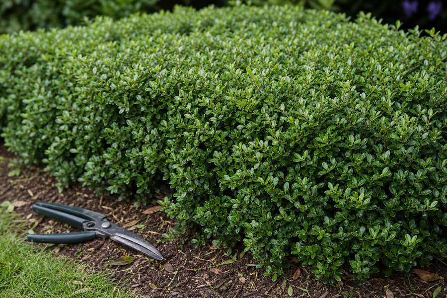 Dicht geschlossene, niedrige Fläche aus Berg-Ilex mit abgelegter Gartenschere