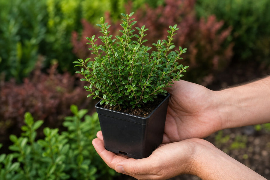 Hände halten den eckigen schwarzen 9 × 9 cm Topf mit einer buschigen Berg-Ilex-Jungpflanze