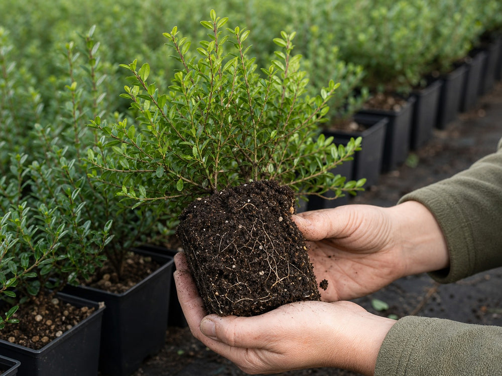 Hand hält eine ausgetopfte Berg-Ilex-Jungpflanze mit dicht durchwurzeltem Ballen vor dem Freiland-Quartier