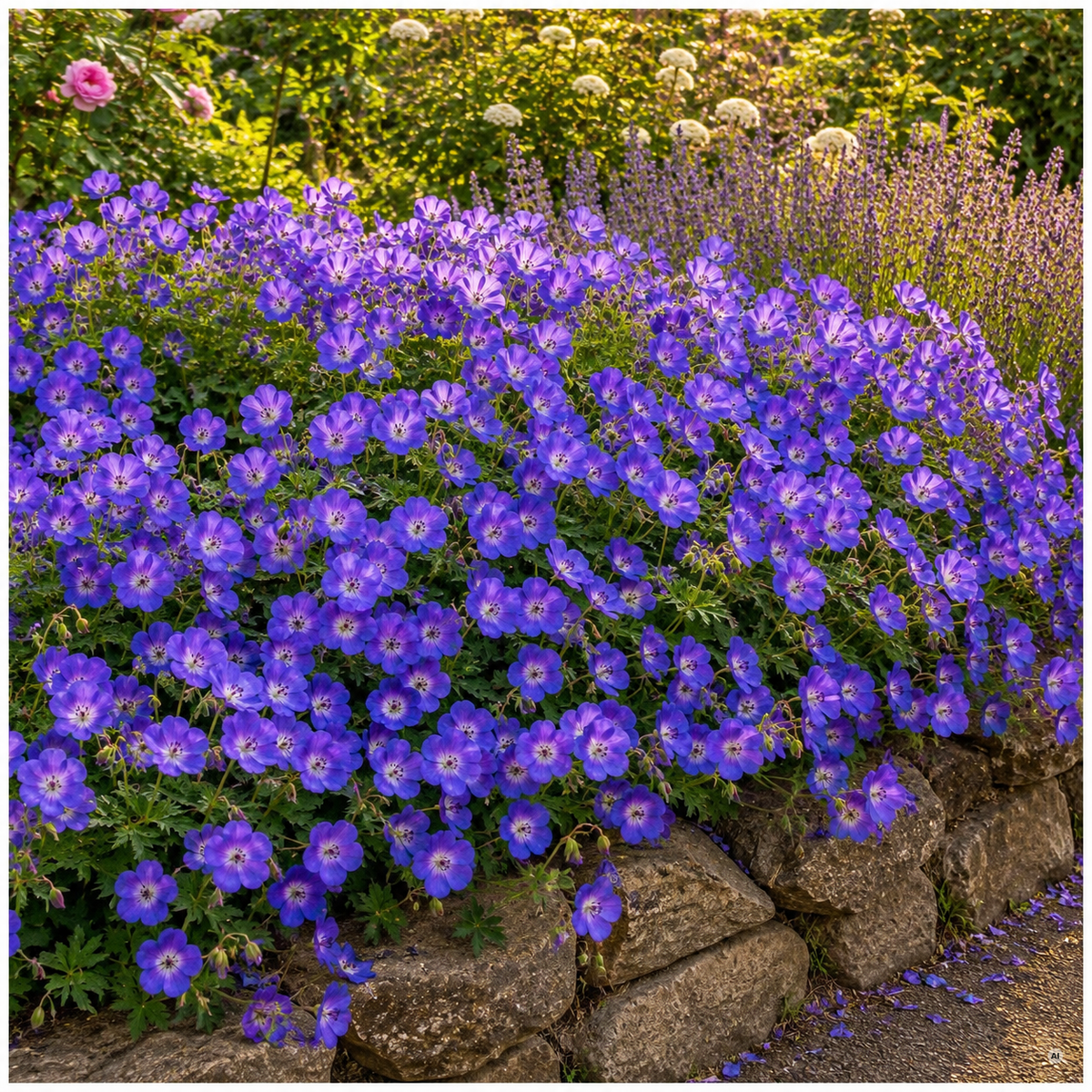 Geranium 'Rozanne' als blauviolett blühendes Polster über einer Natursteinmauer